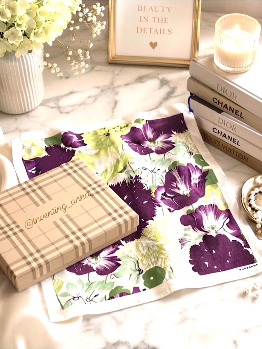 BURBERRY Authenticated Purple and Green Floral Scarf 100% Cotton